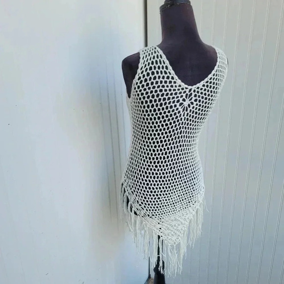 White Cotton Blend Crochet Fishnet Fringe Sleeveless Sweater Top Sweater Sz S/M - Picture 10 of 10